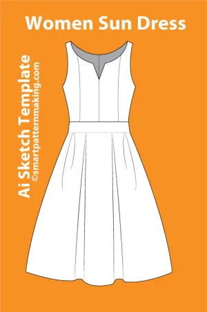 11 women's Dresses Types: Fashion Sketch and Vector Illustrations, Flat Sketch Front and Back View Template Included