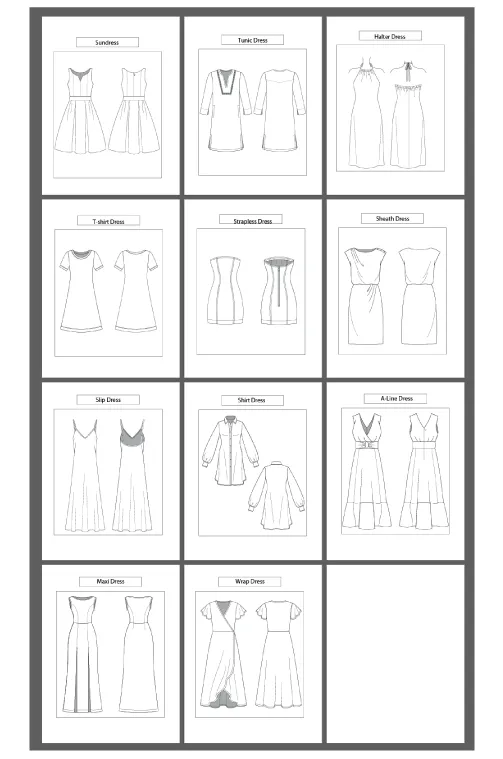 11 women's Dresses Types: Fashion Sketch and Vector Illustrations, Flat Sketch Front and Back View Template Included