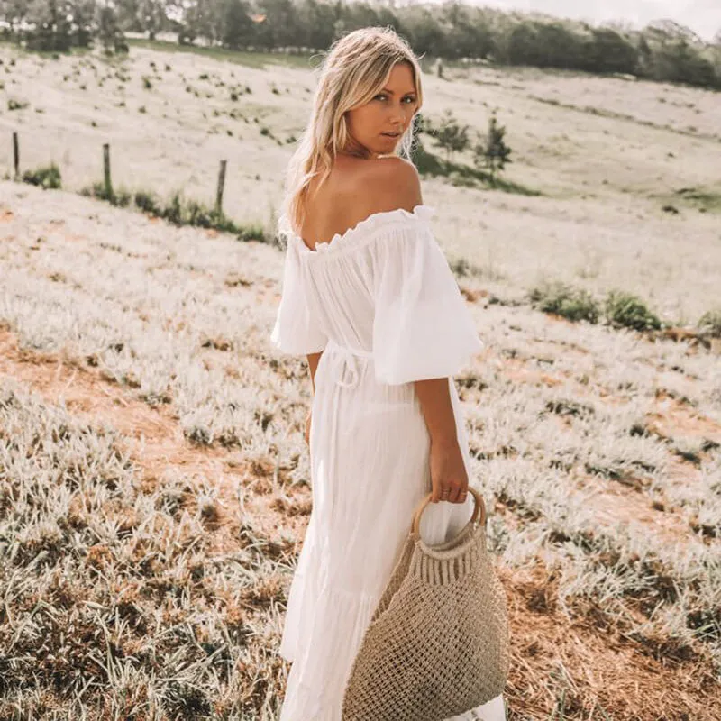 2023 Trendy women clothing casual sexy white off shoulder maxi bohemian dress