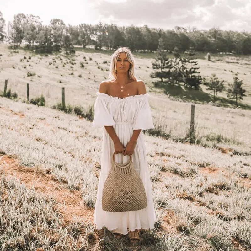 2023 Trendy women clothing casual sexy white off shoulder maxi bohemian dress