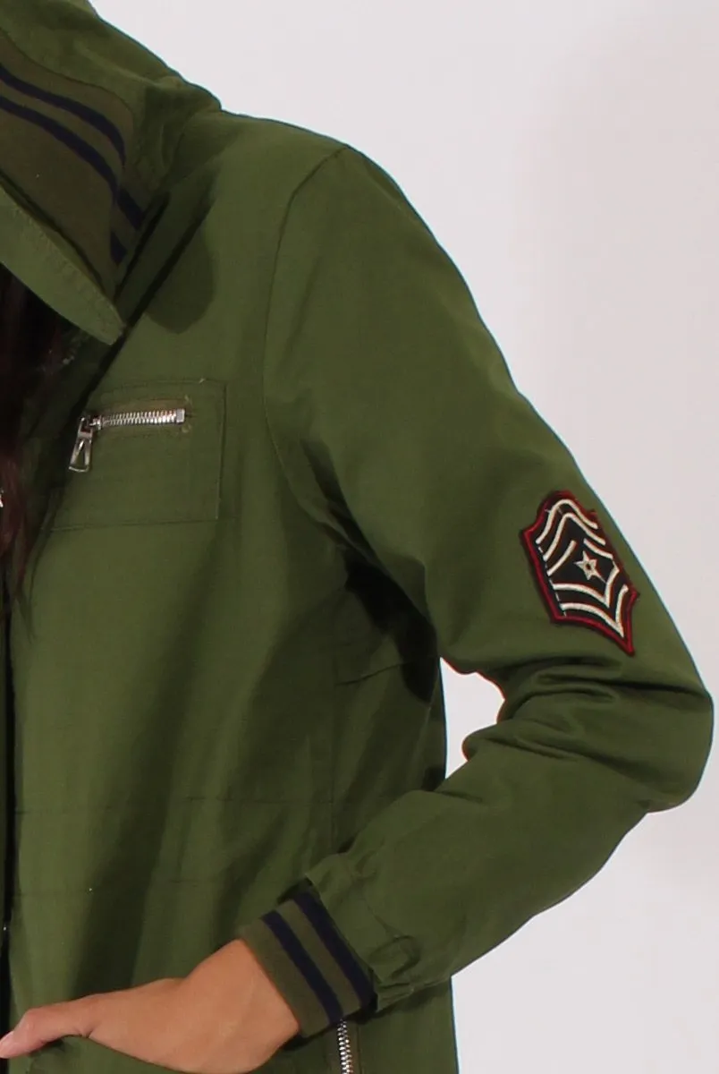 Army Green Badge Detail Parka Jacket - Phoenix