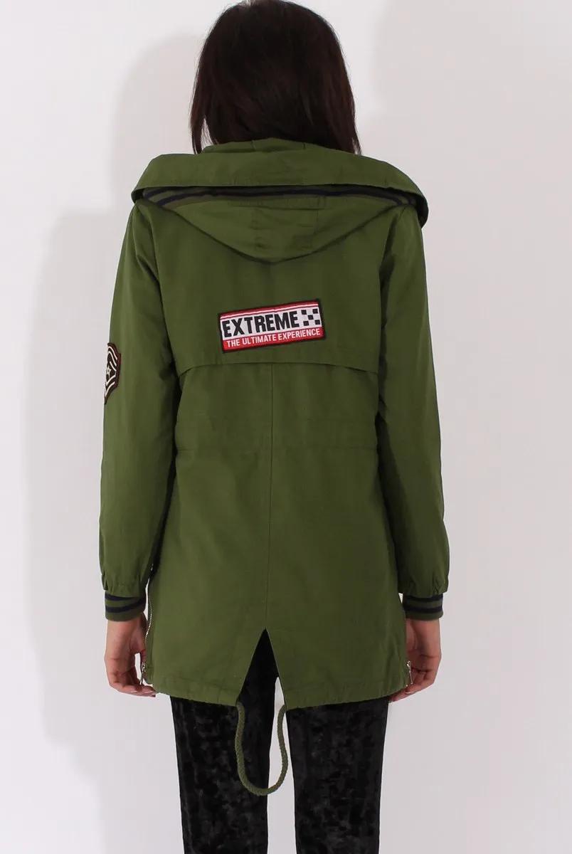 Army Green Badge Detail Parka Jacket - Phoenix