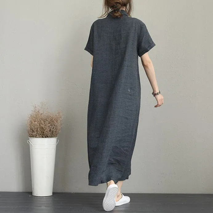 baggy dark gray long linen dresses casual side tie waist maxi dress Elegant lapel collar linen caftans