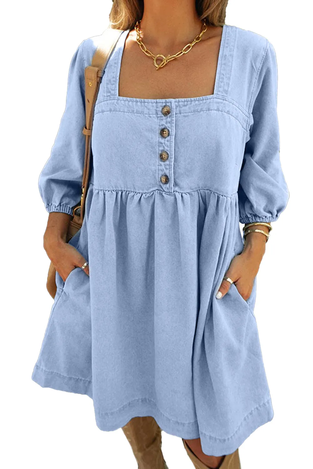 Beau Blue Button Square Neck Denim Babydoll Mini Dress