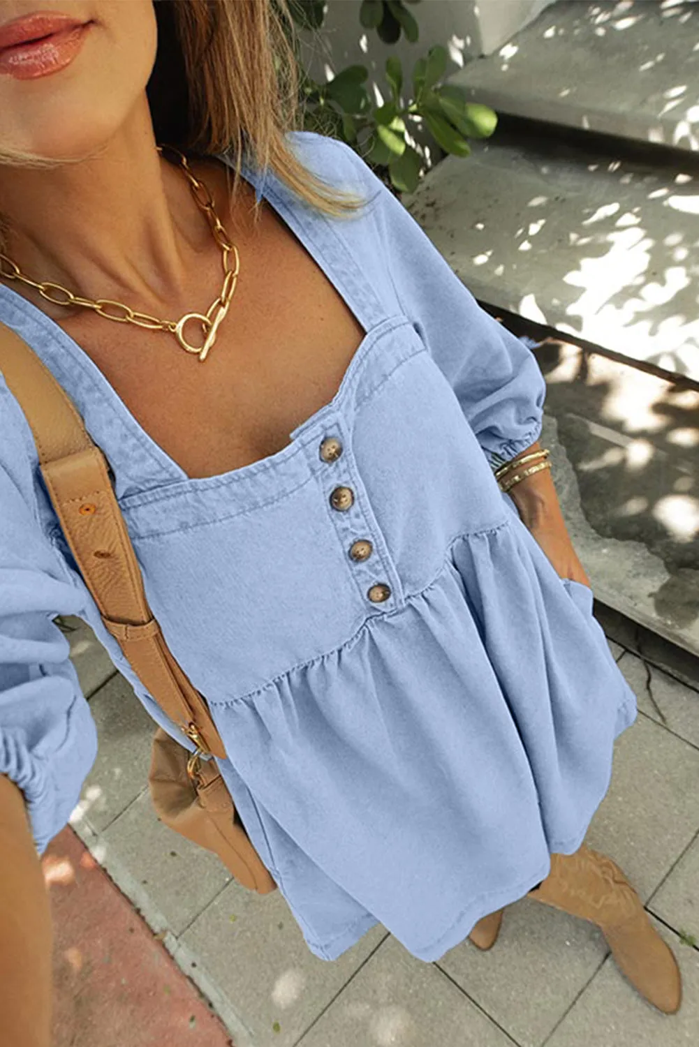 Beau Blue Button Square Neck Denim Babydoll Mini Dress