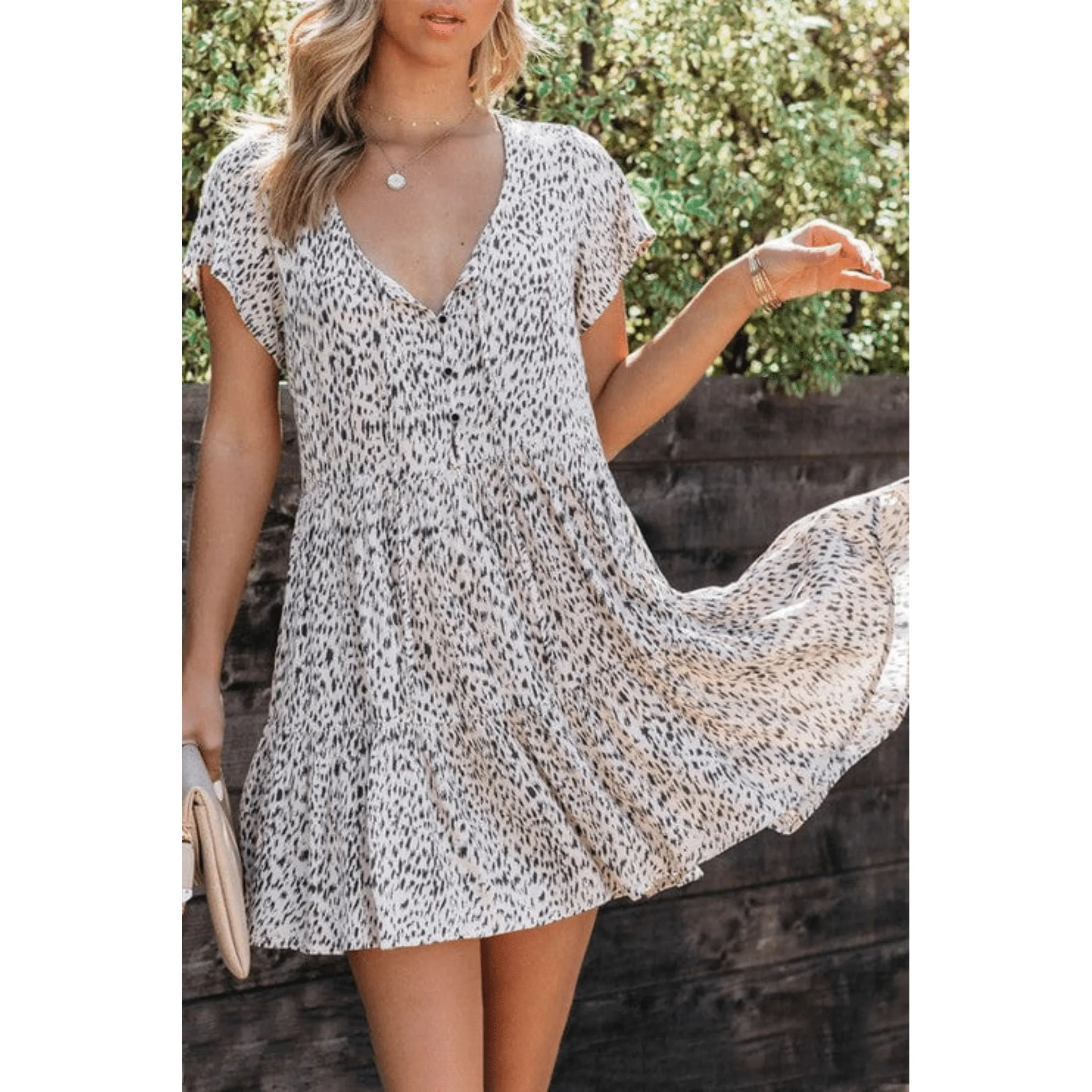 Beige ditsy print casual babydoll dress