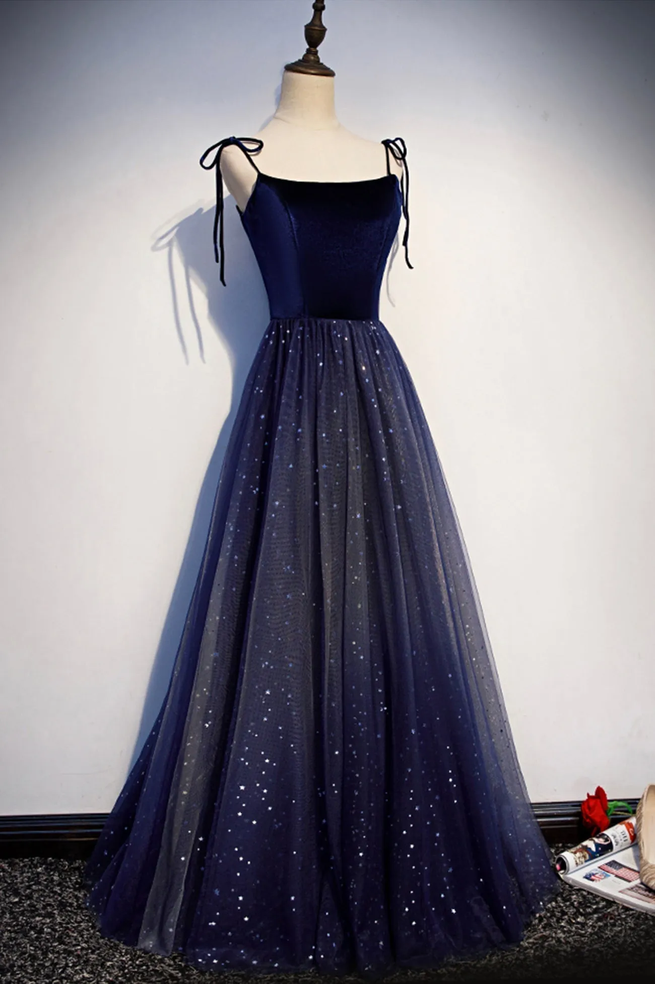 Blue Velvet Tulle Long Prom Dresses, Lovely A-Line Graduation Dresses