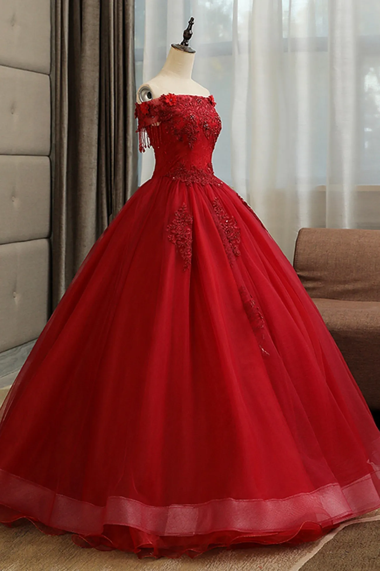 Burgundy Lace Long Formal Evening Dress, A-Line Lace Ball Gown