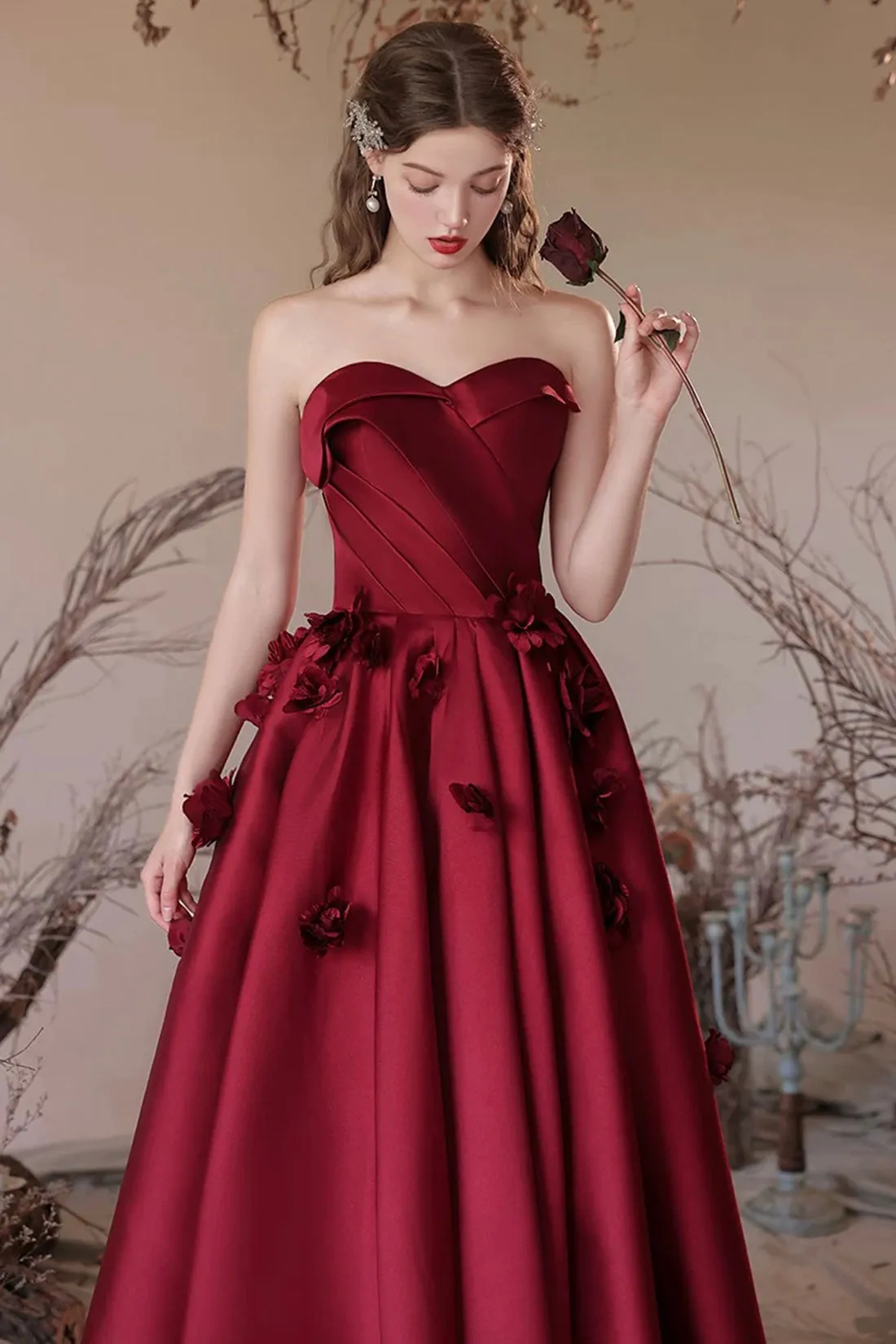 Burgundy Satin Floor Length Prom Dress, A-Line Strapless Evening Party Dress