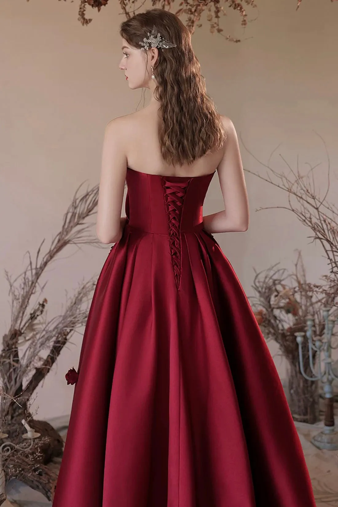 Burgundy Satin Floor Length Prom Dress, A-Line Strapless Evening Party Dress