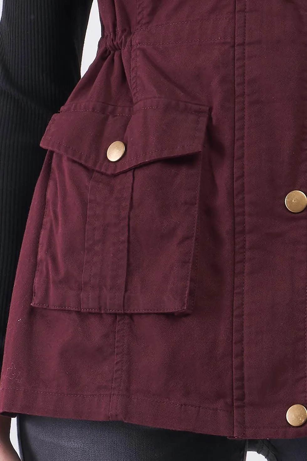 Burgundy Sleeveless Foldable Detachable Hood Detail Parka Utility Vest /1-3-2