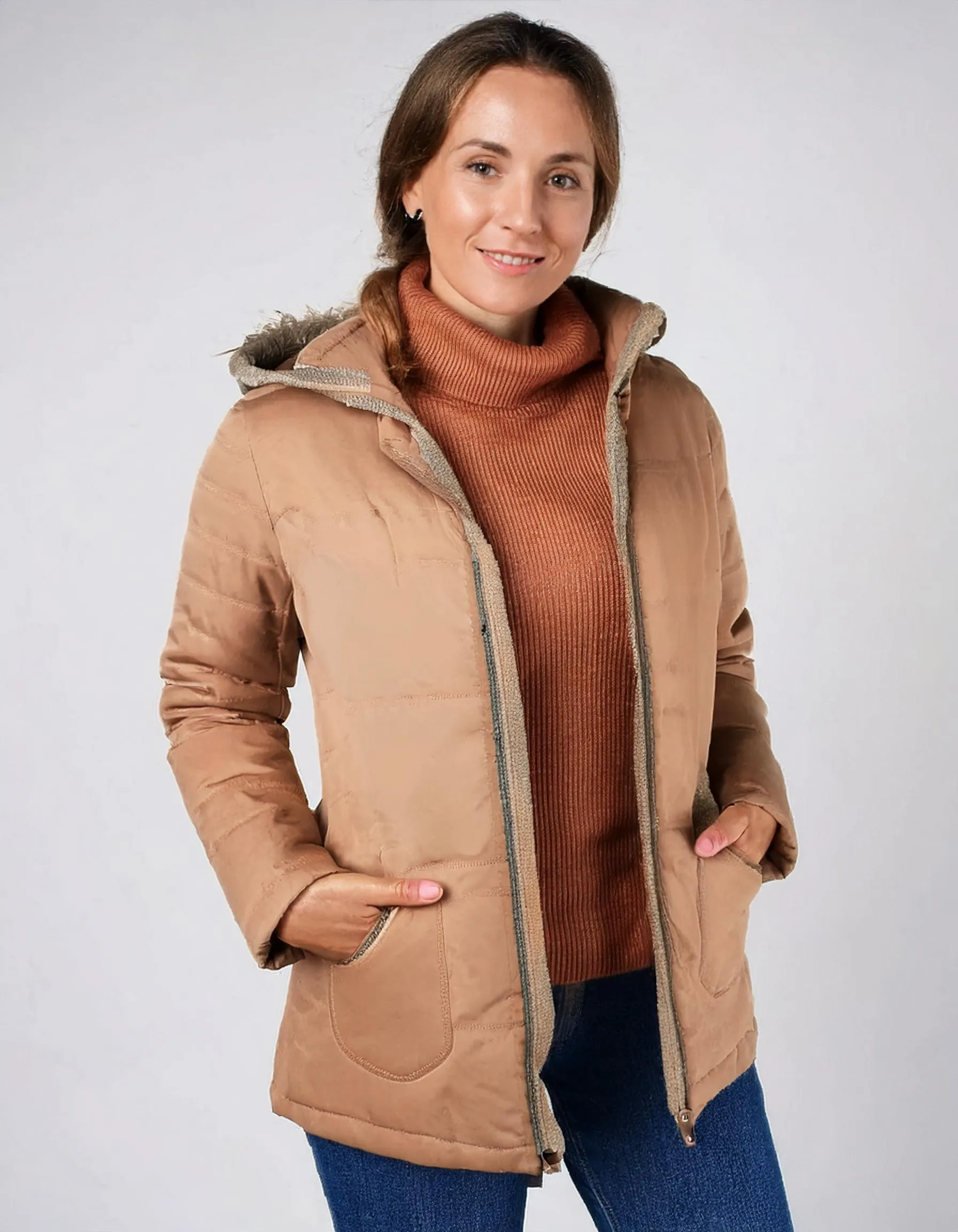 Camel Brown Fleece-Lined Parka Jacket