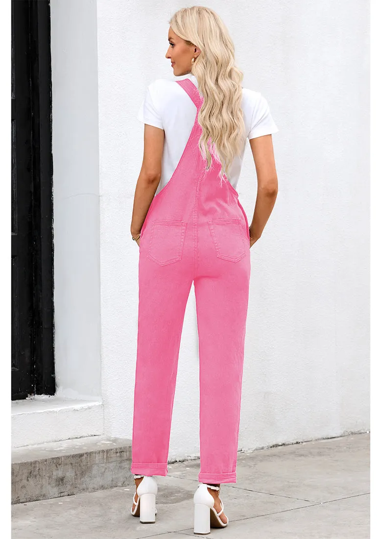 Candy Pink Women's Casual Stretch Denim Bib Overalls Pants Pocketed Jeans Jumpsuits