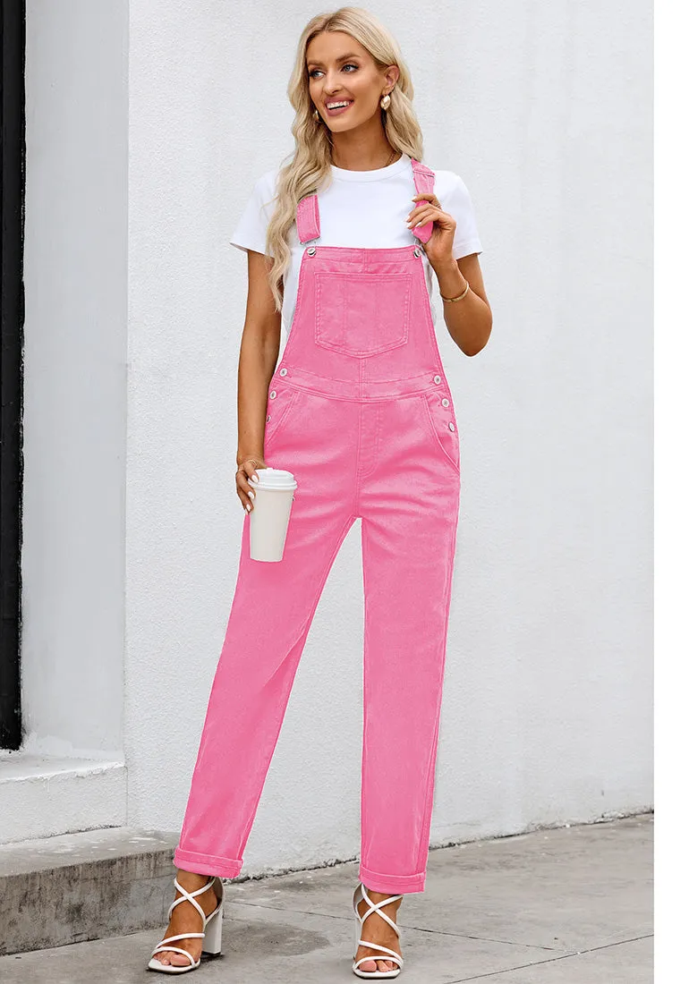 Candy Pink Women's Casual Stretch Denim Bib Overalls Pants Pocketed Jeans Jumpsuits