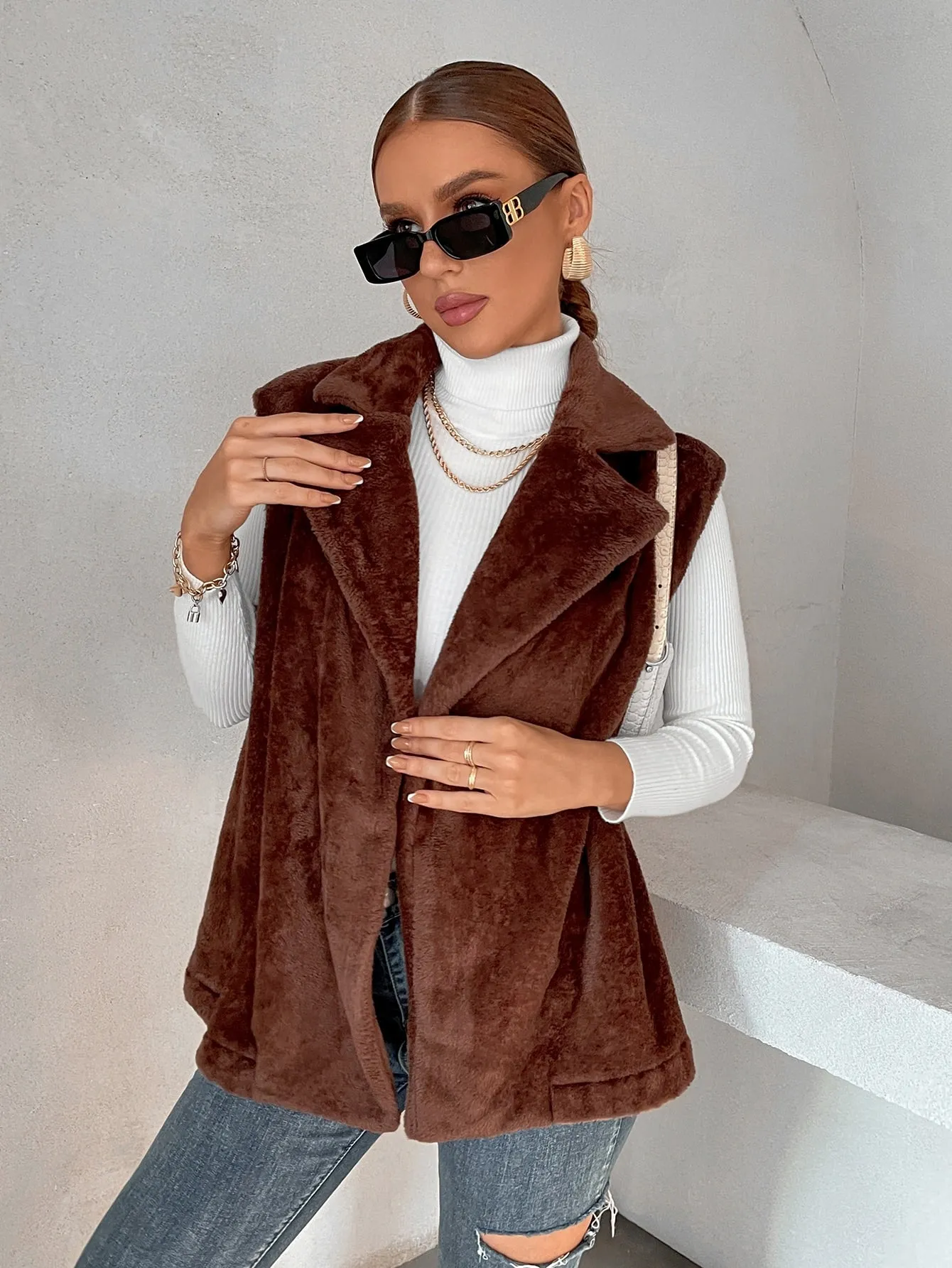 Casual Plain Belted Sleeveless Lapel Regular Women Coat