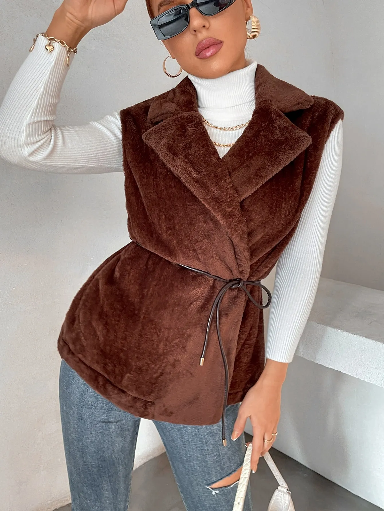 Casual Plain Belted Sleeveless Lapel Regular Women Coat