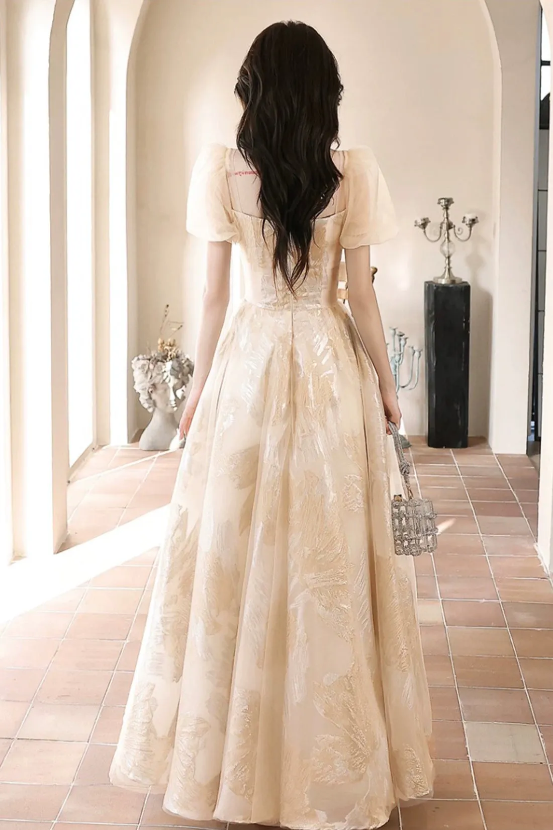 Champagne Tulle Long Prom Dress, Beautiful A-Line Evening Party Dress