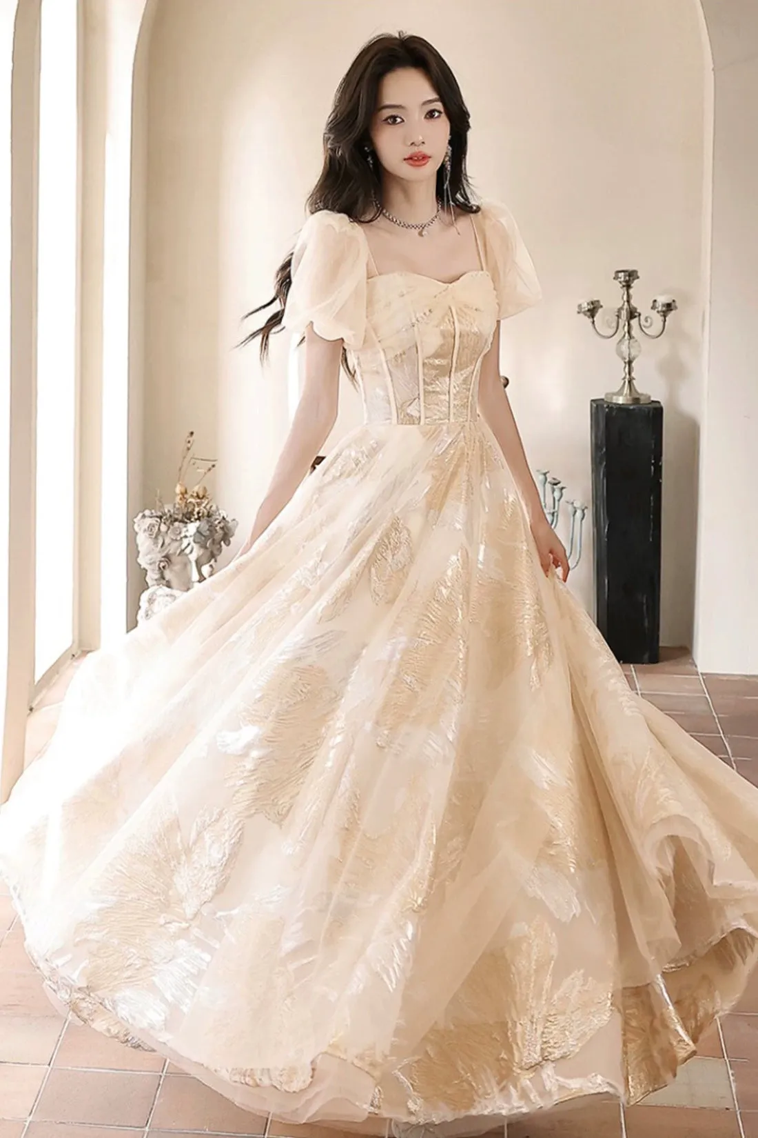 Champagne Tulle Long Prom Dress, Beautiful A-Line Evening Party Dress