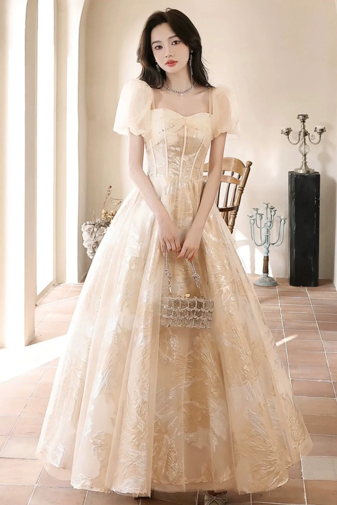 Champagne Tulle Long Prom Dress, Beautiful A-Line Evening Party Dress