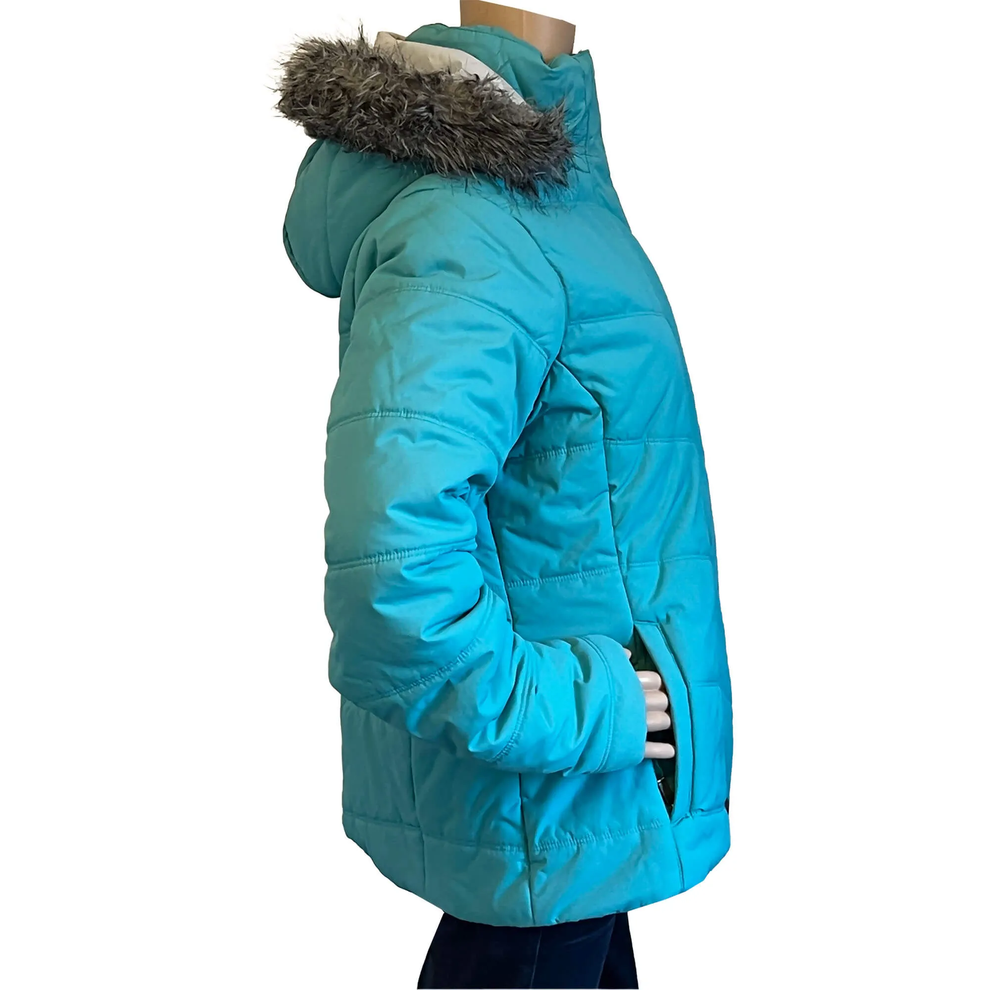 Columbia Women's Quilted Jacket - Size L - Turquoise Blue, Faux Fur Hood