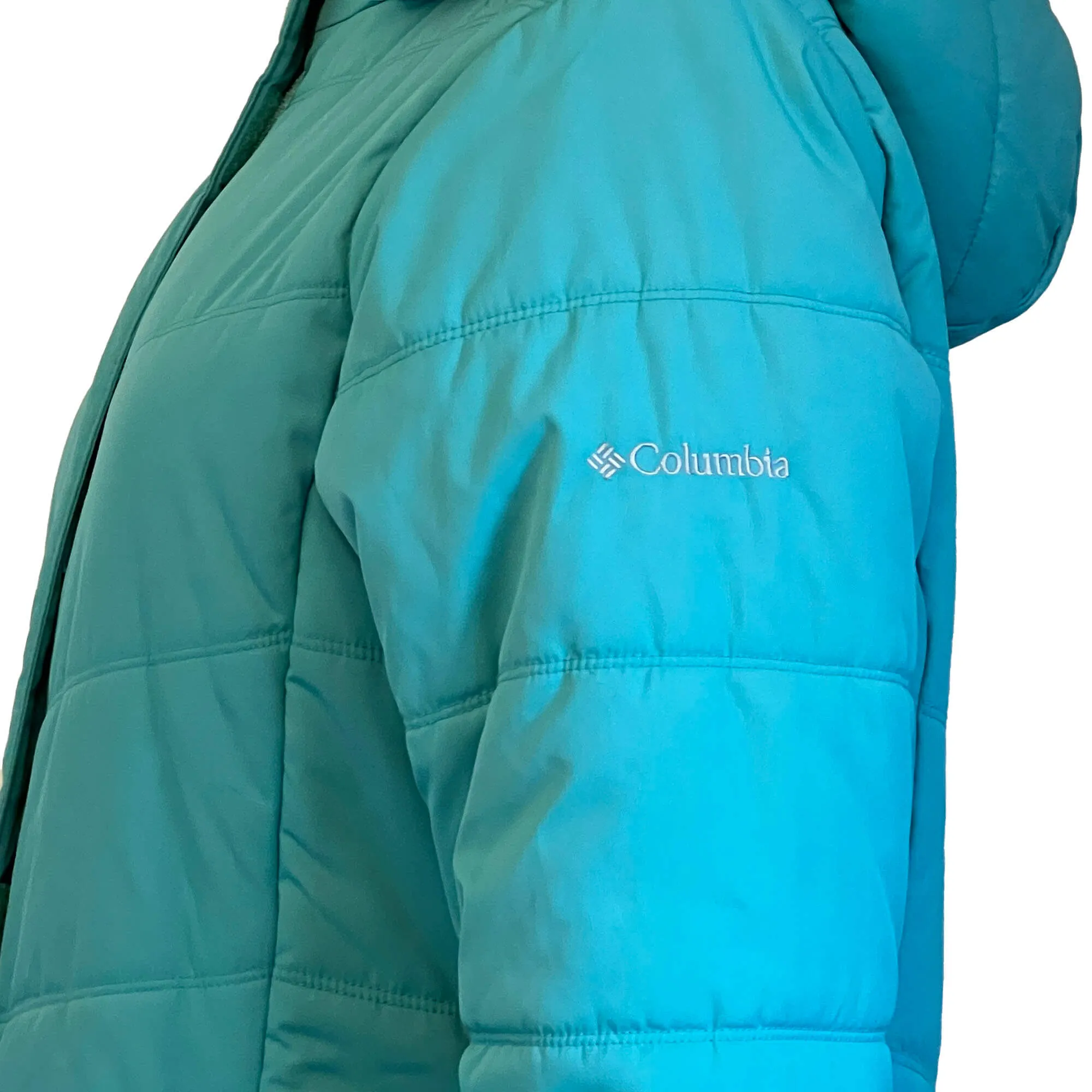 Columbia Women's Quilted Jacket - Size L - Turquoise Blue, Faux Fur Hood