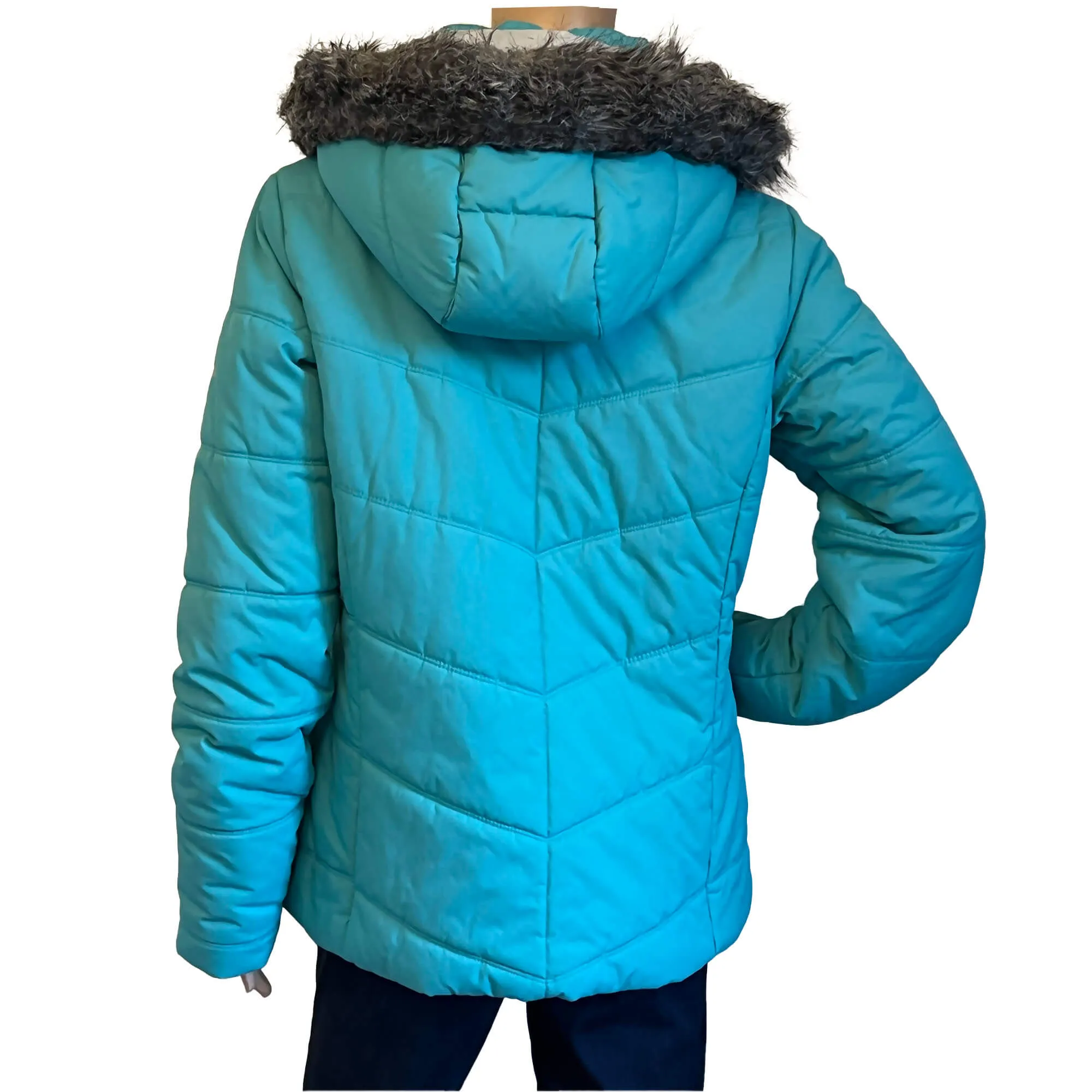 Columbia Women's Quilted Jacket - Size L - Turquoise Blue, Faux Fur Hood