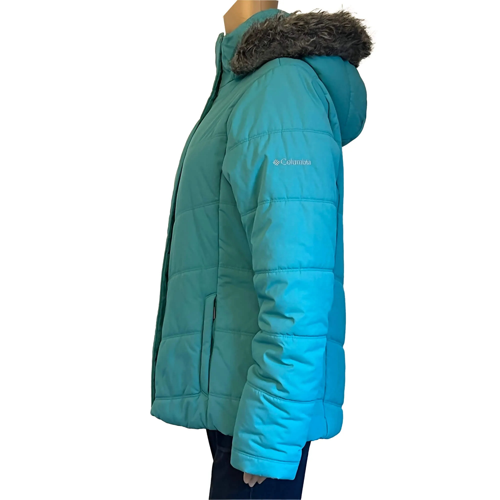 Columbia Women's Quilted Jacket - Size L - Turquoise Blue, Faux Fur Hood