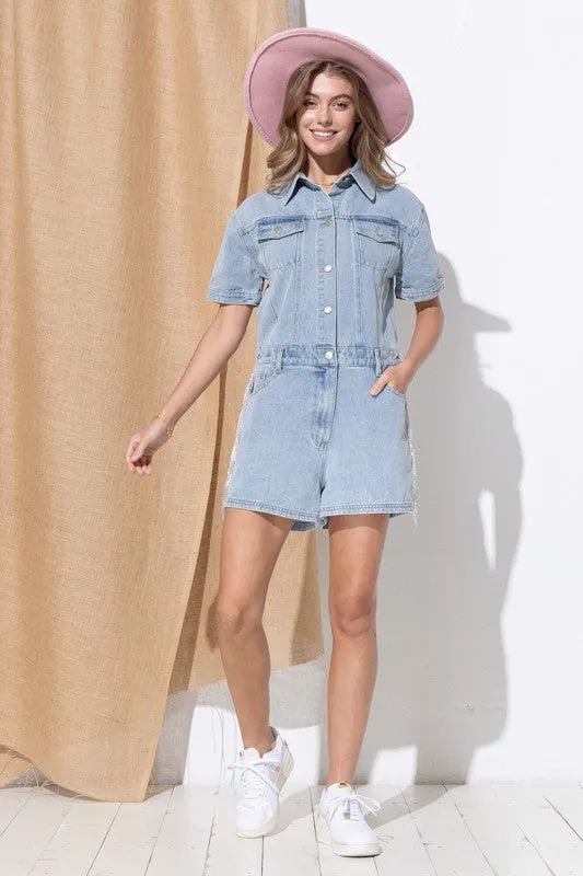 Dolly Washed Denim Overall Romper