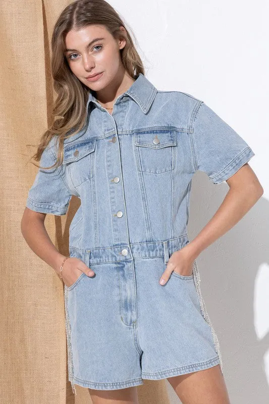 Dolly Washed Denim Overall Romper