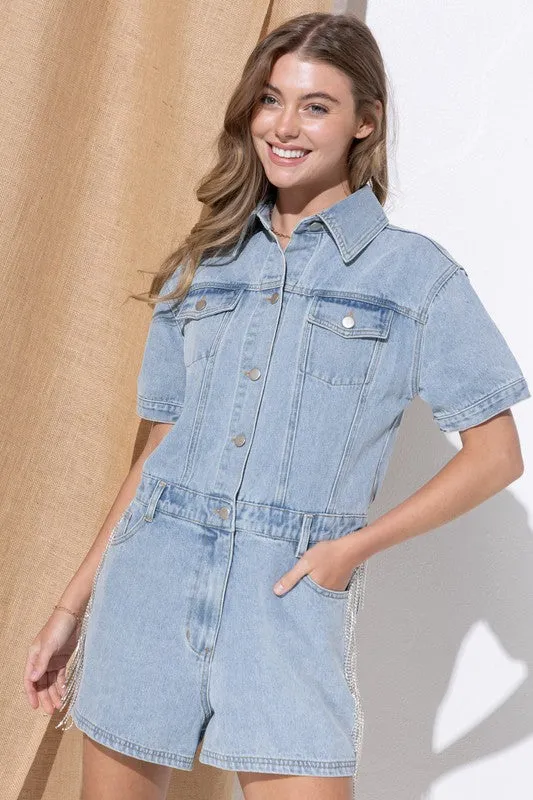 Dolly Washed Denim Overall Romper