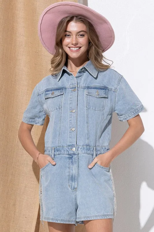 Dolly Washed Denim Overall Romper