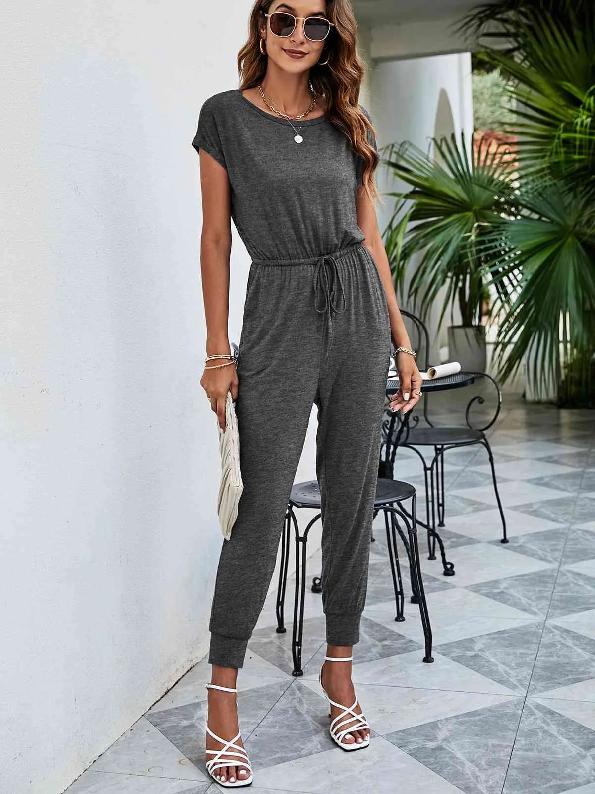 Drawstring Waist Short Sleeve Jogger Jumpsuit