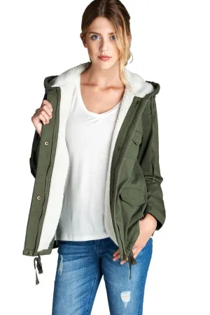 Faux Fur-Lined Anorak Parka Jacket in Olive