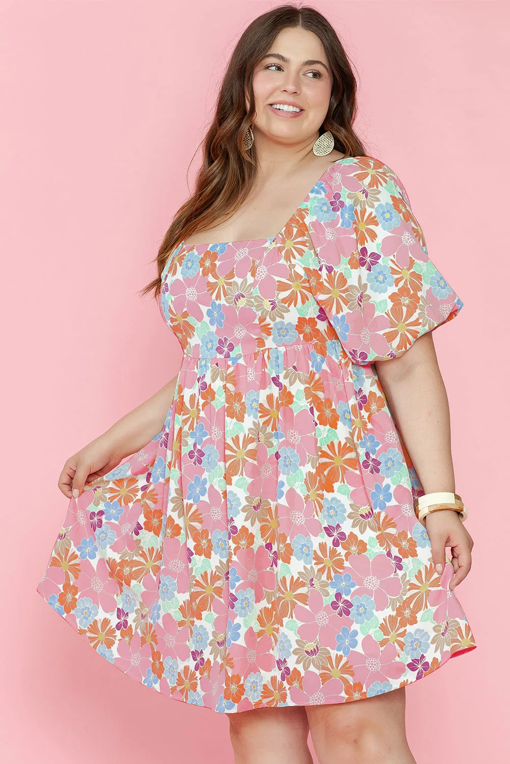 Floral Square Neck Plus Babydoll Dress