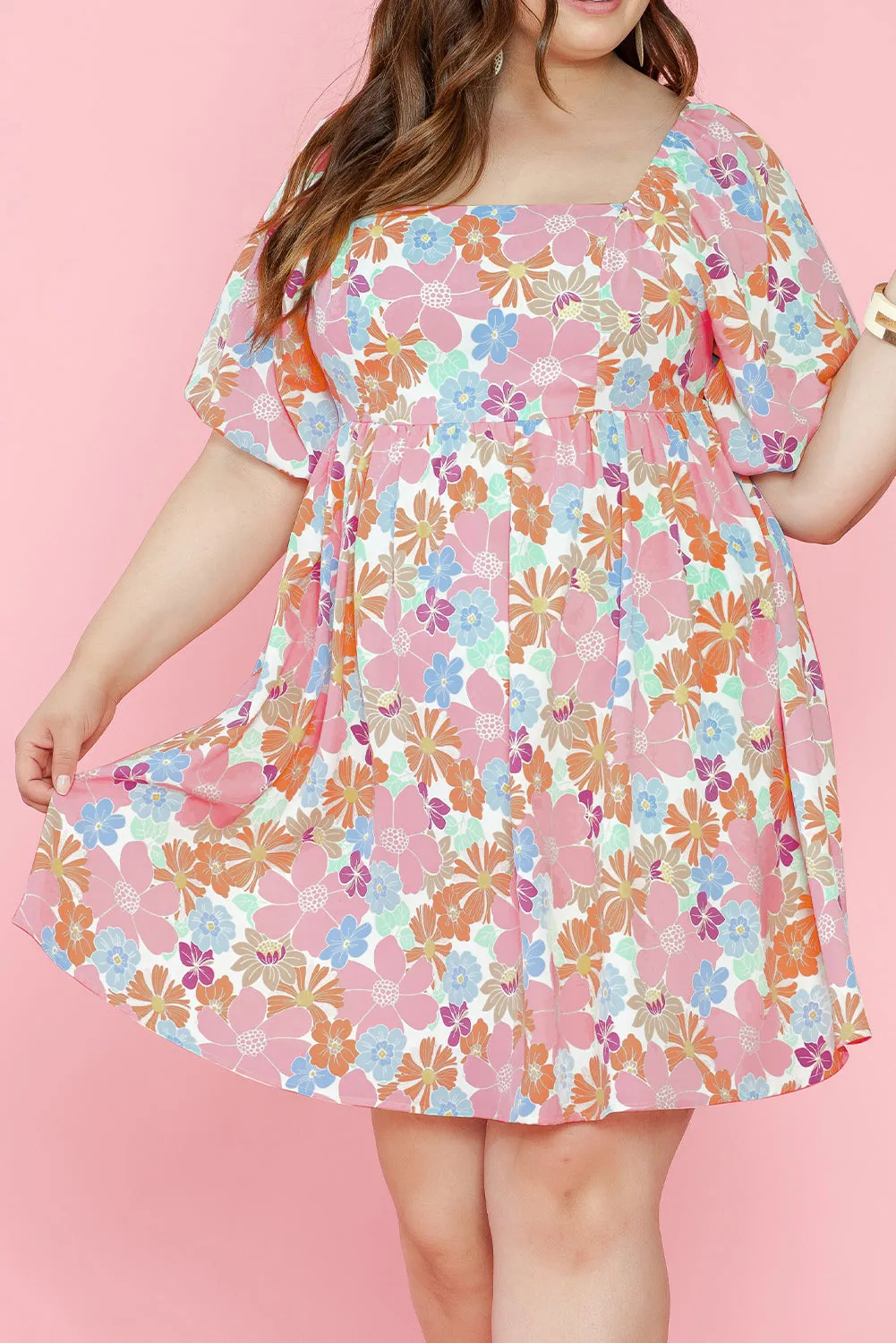 Floral Square Neck Plus Babydoll Dress