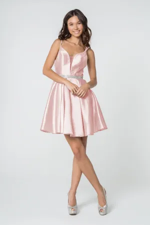 Illusion Deep V-Neck Satin Short Dress w/ Beads Accented Waist Band