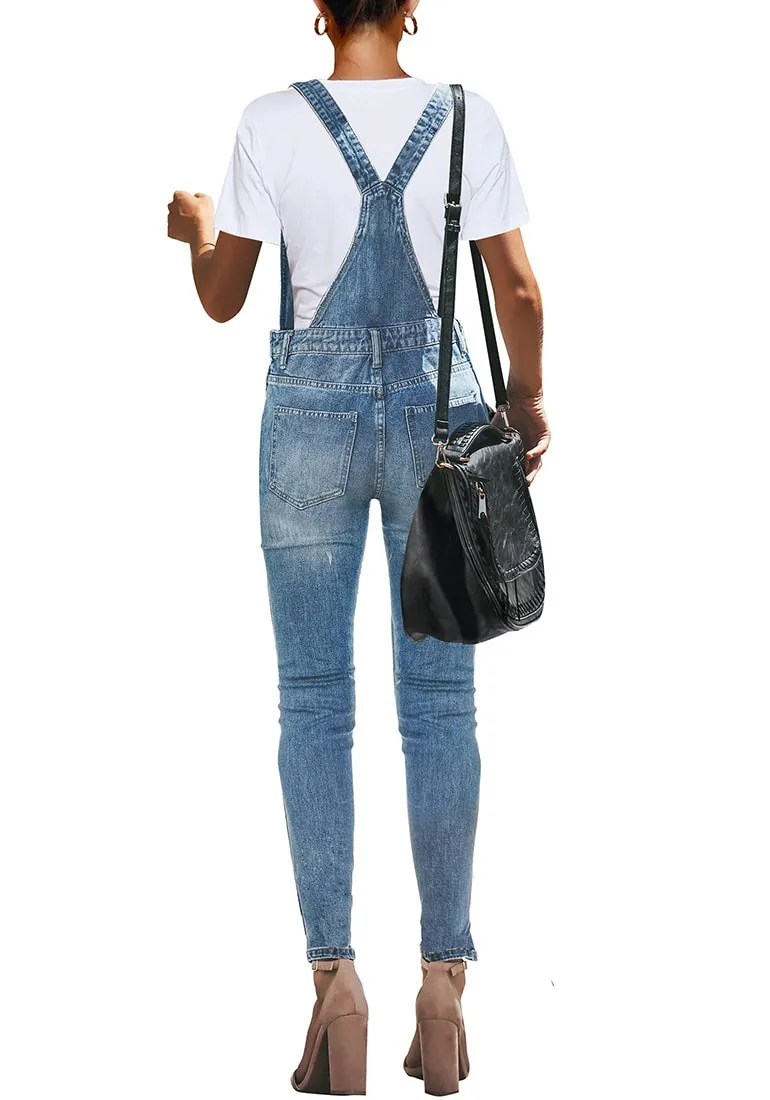 Light Blue Ripped Denim Skinny Jeans Bib Overall