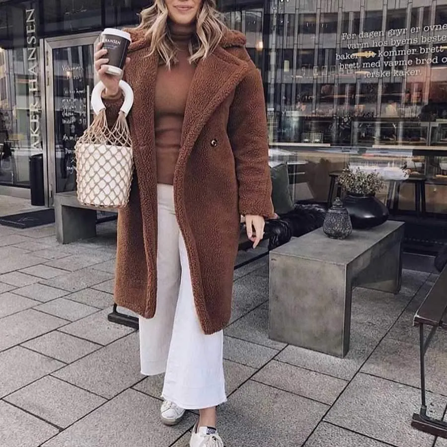 Long Faux Fur Camel Teddy Coat Maxi Jackets