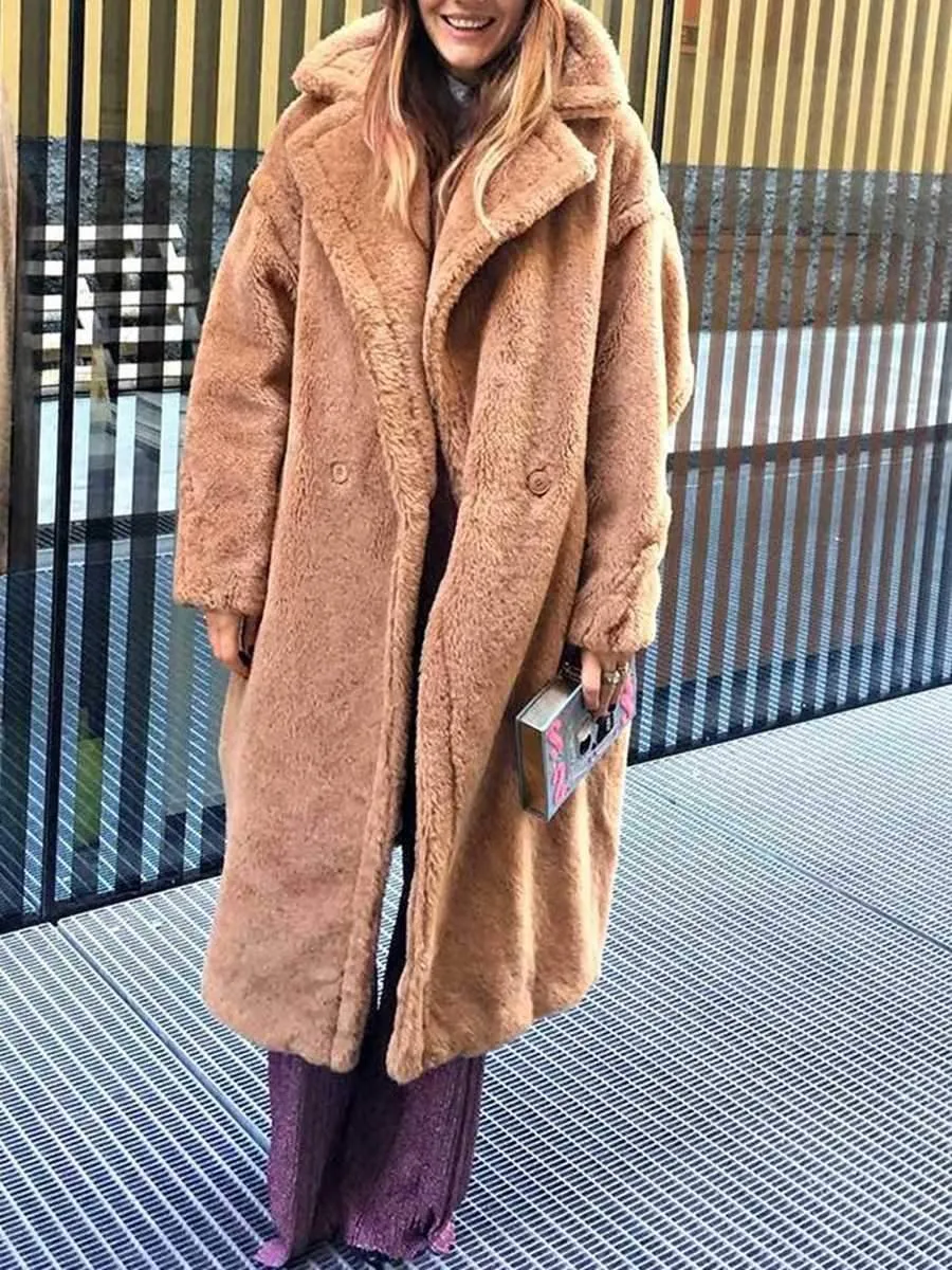 Long Faux Fur Camel Teddy Coat Maxi Jackets