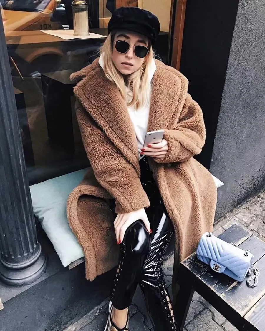 Long Faux Fur Camel Teddy Coat Maxi Jackets