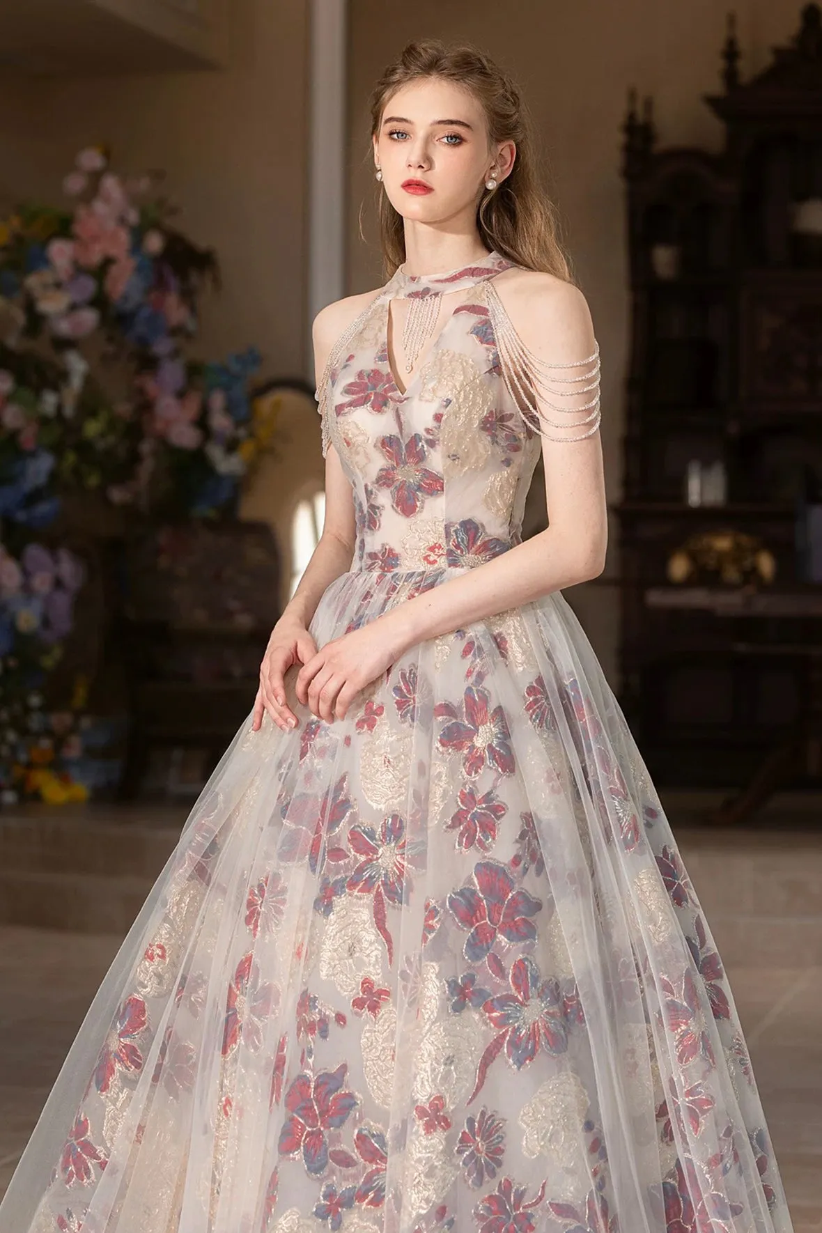 Lovely Floral Tulle Long Prom Dress, A-Line Halter Evening Party Dress