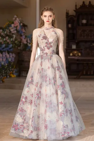 Lovely Floral Tulle Long Prom Dress, A-Line Halter Evening Party Dress