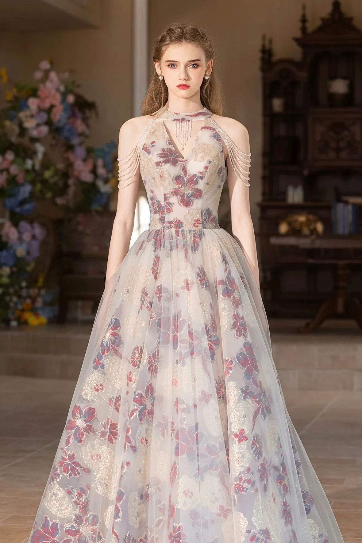 Lovely Floral Tulle Long Prom Dress, A-Line Halter Evening Party Dress