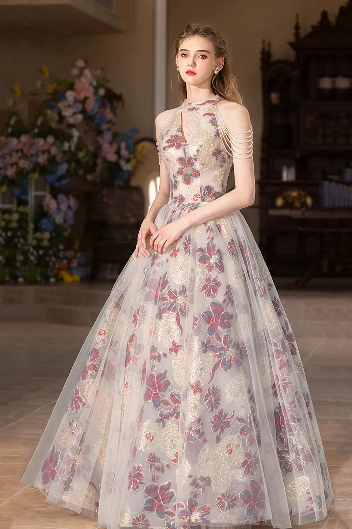 Lovely Floral Tulle Long Prom Dress, A-Line Halter Evening Party Dress