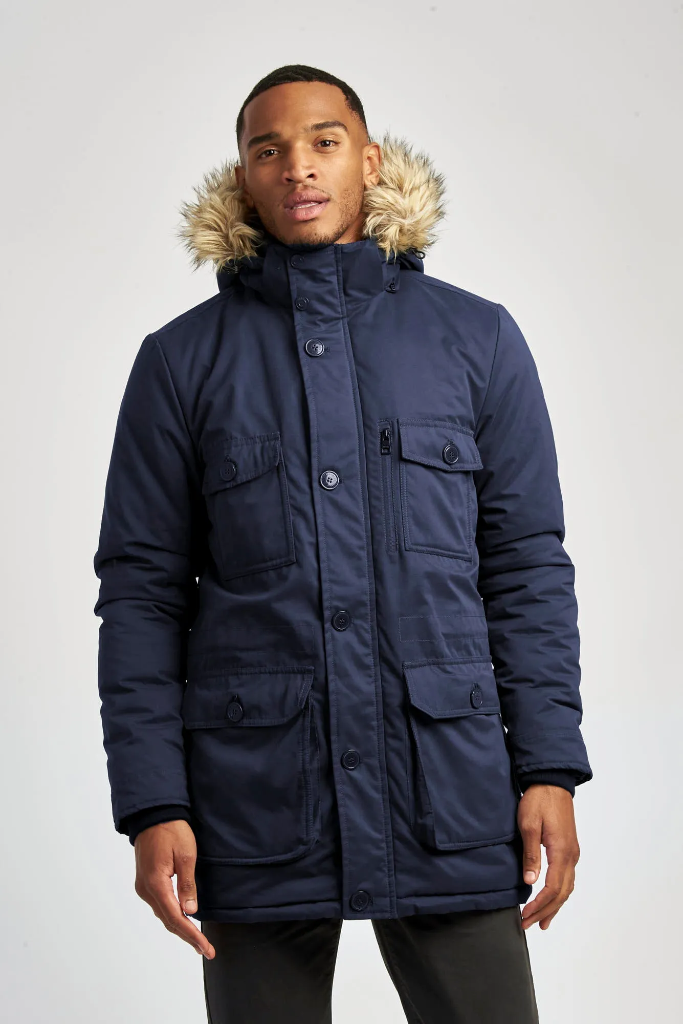 Mens Hooded Parka Coat in Navy Blue