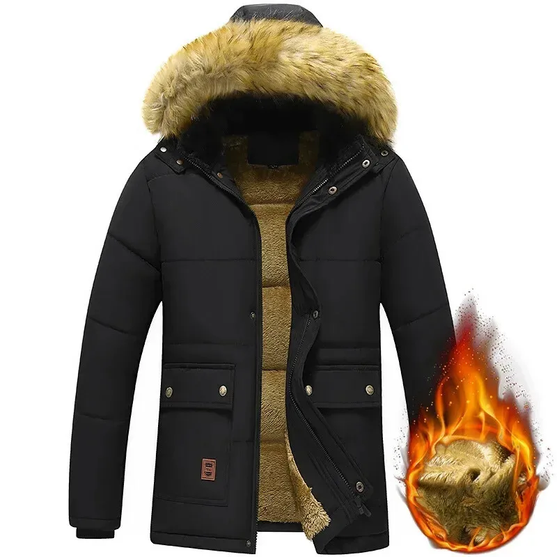 Men's parka winter jacket lined with fur hood and pockets