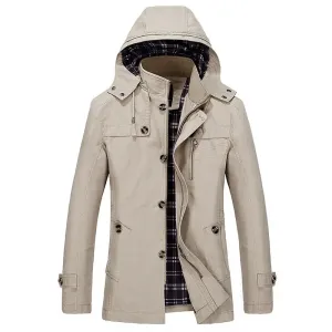 Men's parka winter jacket with detachable hood and button placket