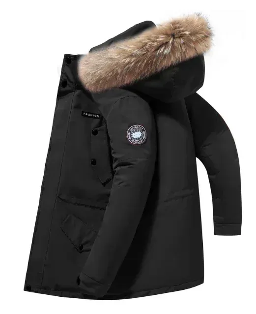 Men's parka winter jacket with fur hood and button fastening