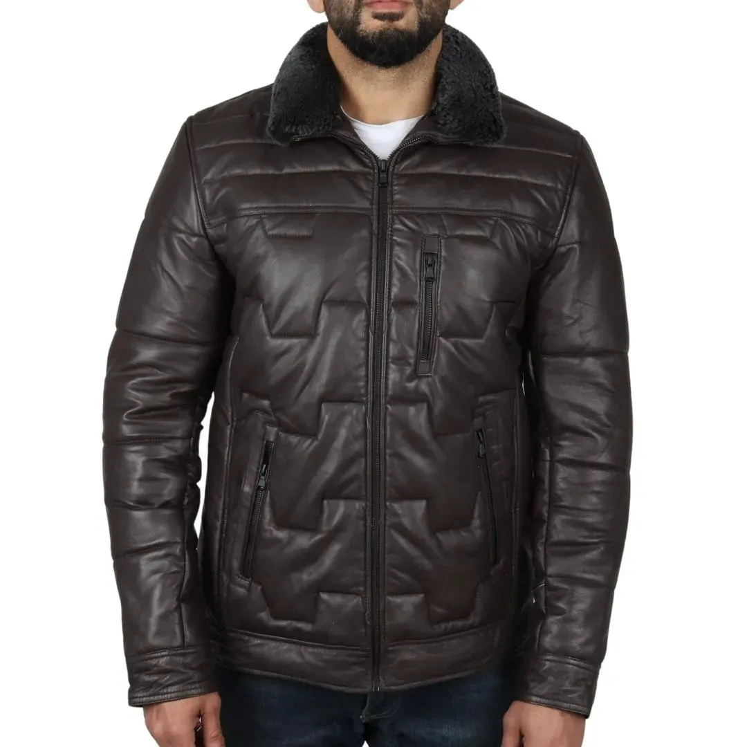 Men's Quilted Padded Real Leather Safari Coat