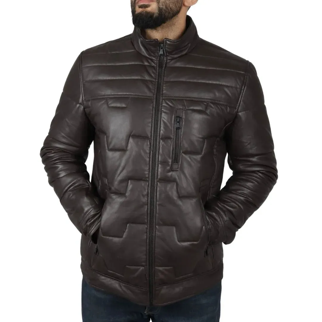 Men's Quilted Padded Real Leather Safari Coat